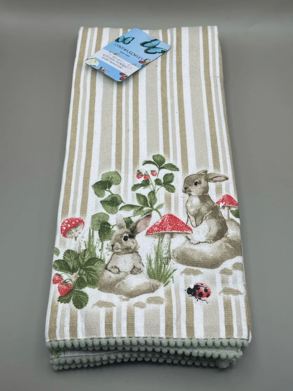 Cynthia Rowley Bunny & Mushroom Striped Kitchen Towel Set of Two, NWT 🐰🍄